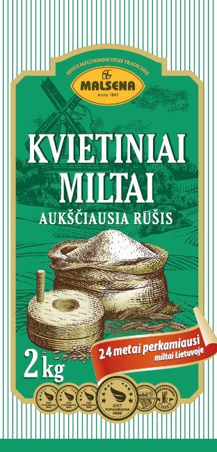 Prekės ženklas: MALSENA KVIETINIAI MILTAI AUKŠČIAUSIA RŪŠIS 24 metai perkamiausi miltai Lietuvoje